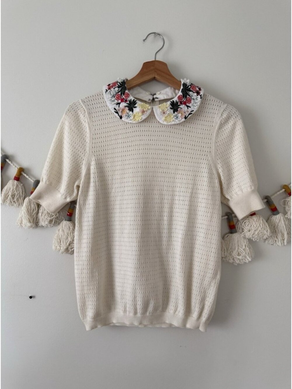 Alice + Olivia Chase Pointelle Puff Sleeve Embroidered Sweater Top Cottage S
